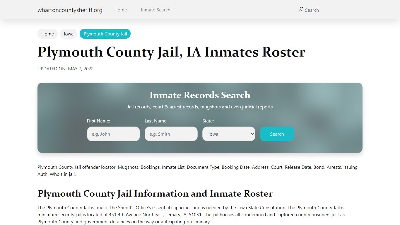 Plymouth County Jail, IA Jail Roster, Name Search